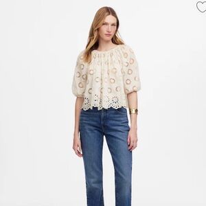 Madewell Embroidered Shirred Puff-Sleeve Top Floral Eyelet Size Medium